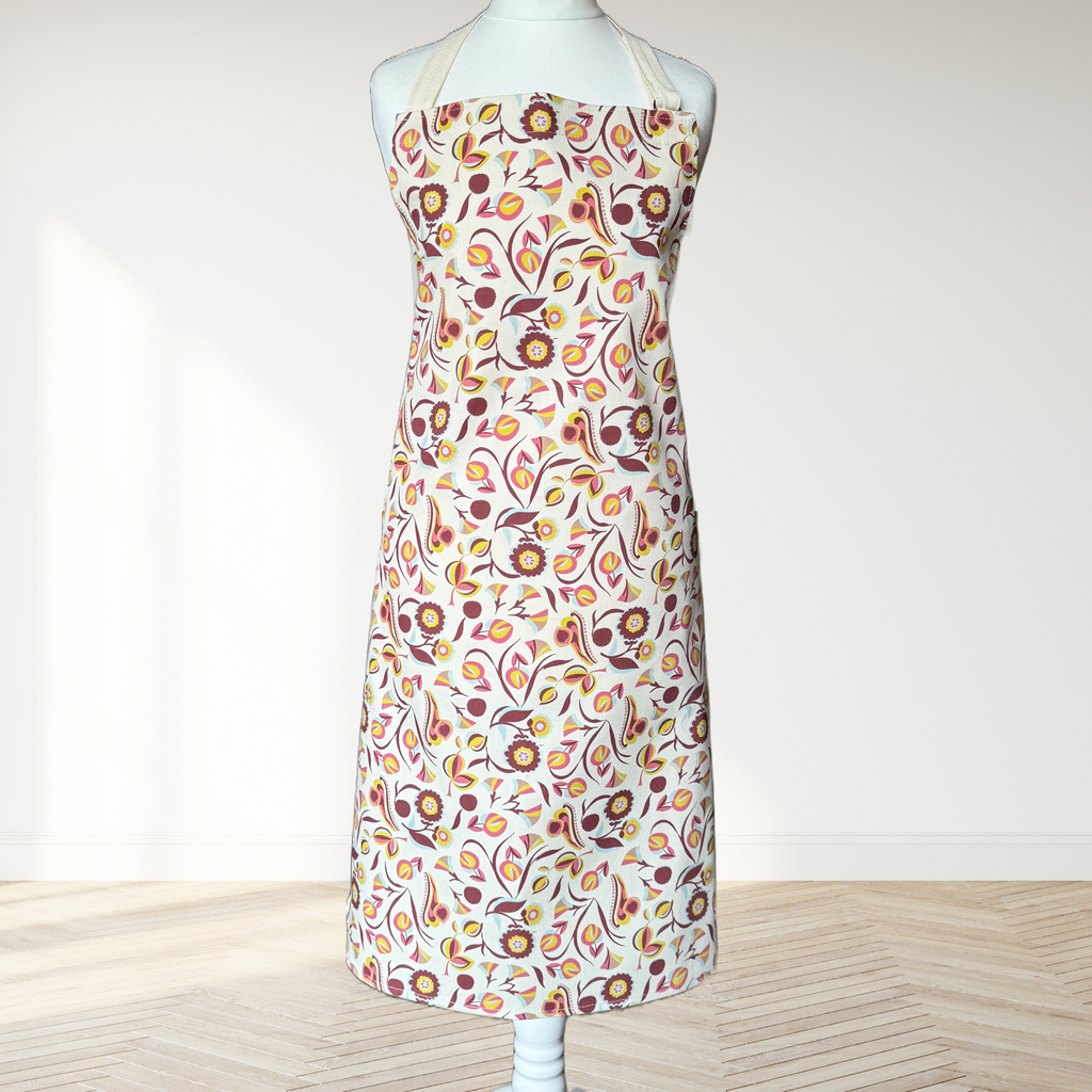 Organic cotton apron with art nouveau folk print, handmade in the UK